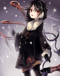 Rule 34 | 1girl, adapted costume, alternate costume, asymmetrical wings, black gloves, black hair, black pantyhose, boots, coat, earmuffs, gloves, gradient background, hisona (suaritesumi), houjuu nue, pantyhose under shorts, long sleeves, looking at viewer, open mouth, pantyhose, pantyhose under shorts, red eyes, short hair, shorts, snowing, solo, touhou, wide sleeves, wings, winter clothes