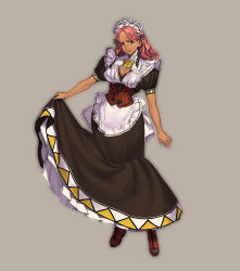 Rule 34 | 10s, 1girl, apron, azusa (hws), boots, corset, full body, highres, long hair, looking at viewer, maid, maid apron, maid headdress, pink eyes, pink hair, short hair, simple background, smile, solo, suisei no gargantia