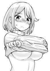 Rule 34 | 1girl, blush, breasts, clothes lift, greyscale, large breasts, looking at viewer, monochrome, shirt lift, short hair, simple background, solo, underboob, undressing, upper body, white background, zaxwu