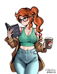 Rule 34 | 1girl, absurdres, aqua eyes, aqua shirt, bare arms, bare shoulders, book, breasts, brown coat, brown jacket, cleavage, coat, collarbone, creatures (company), crop top, cup, denim, game freak, hair ornament, heart, heart hair ornament, highres, holding, holding book, holding cup, jackary, jacket, jeans, large breasts, midriff, nintendo, orange hair, pants, pokemon, pokemon swsh, ribbed shirt, shirt, side ponytail, sleeveless, sleeveless shirt, solo, sonia (pokemon), sunglasses, v-neck