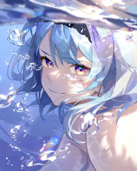 Rule 34 | 1girl, absurdres, air bubble, black hairband, blue hair, bubble, caustics, eula (genshin impact), from side, genshin impact, hair between eyes, hairband, highres, looking at viewer, multicolored eyes, nude, oriori 0201, partially underwater shot, portrait, rainbow eyes, sidelocks, solo, submerged, underwater, water
