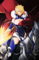 Rule 34 | 1girl, aqua eyes, armor, artoria pendragon (fate), artoria pendragon (lancer) (fate), barding, blonde hair, blue gloves, blue thighhighs, braid, breasts, cape, cleavage, crown, elbow gloves, fate/grand order, fate (series), french braid, fur trim, gauntlets, gloves, hair over one eye, horse, labombardier!, large breasts, riding, solo, thighhighs