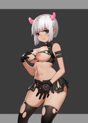 Rule 34 | 1girl, black bra, black gloves, black skirt, black thighhighs, blue eyes, blush, bra, breasts, cleavage, covering privates, covering crotch, delta (the shadow of yidhra), game cg, gloves, hand on breast, horns, large breasts, midriff, miniskirt, mretsis, nipples, no panties, open mouth, original, short hair, silver hair, skindentation, skirt, solo, sports bra, standing, the shadow of yidhra, thighhighs, thighs, torn bra, torn clothes, torn skirt, torn sports bra, torn thighhighs, underwear, zettai ryouiki