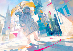 Rule 34 | 1girl, aamond, absurdres, aqua eyes, building, coat, crack, english text, hat, highres, holding, holding umbrella, long sleeves, looking at viewer, original, outdoors, shadow, shoes, solo, standing, umbrella, white coat, white footwear, wide shot, wide sleeves