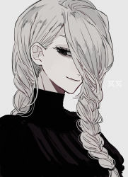 Rule 34 | 1girl, black dress, black eyes, braid, braided bangs, breasts, character name, closed mouth, commentary, dress, ebanoniwa, english commentary, eyelashes, grey background, hair between eyes, hair over one eye, highres, jujutsu kaisen, light smile, long hair, looking at viewer, medium breasts, mei mei (jujutsu kaisen), simple background, solo, turtleneck, turtleneck dress, upper body