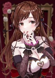 Rule 34 | 1girl, :o, absurdres, blurry, blurry background, braid, breasts, brown hair, cleavage, collarbone, crown braid, detached sleeves, double bun, earrings, frilled cuffs, hair bun, heart, heart earrings, highres, idolmaster, idolmaster cinderella girls, jewelry, large breasts, long hair, looking at viewer, nail polish, nitta minami, picture frame, rum raisin (chihiromakita19), solo, tattoo, upper body, very long hair, wrist cuffs