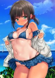 Rule 34 | 1girl, adapted costume, bare shoulders, beach, bikini, bikini under clothes, black hair, blue bikini, blue sky, blurry, blush, breasts, cloud, collarbone, commentary request, covered erect nipples, cowboy shot, day, dress, fubuki (kancolle), green eyes, hair ornament, hair scrunchie, halterneck, highleg, highres, jacket, kantai collection, long sleeves, looking at viewer, medium breasts, navel, nijimoto hirok, ocean, off shoulder, one-piece tan, open clothes, open jacket, outdoors, parted lips, polka dot, polka dot bikini, polka dot dress, polka dot scrunchie, scrunchie, short ponytail, skindentation, skirt, sky, solo, standing, stomach, string bikini, sweat, sweatdrop, swimsuit, swimsuit under clothes, tan, tanline, underboob, water, white jacket