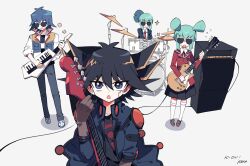 Rule 34 | 1girl, 3boys, amplifier, band, black hair, black skirt, blue eyes, blue hair, blue jacket, blue pants, blue shirt, brother and sister, brown footwear, brown gloves, bruno (yu-gi-oh!), child, collared shirt, cymbals, denim, determined, drum, drum set, drumsticks, elbow pads, electric guitar, facial mark, facial tattoo, flying sweatdrops, fudo yusei, gloves, green hair, grey background, guitar, high collar, highres, holding, holding drumsticks, holding instrument, instrument, izuygo, jacket, jeans, k-on!, keyboard (instrument), kneehighs, lua (yu-gi-oh!), luca (yu-gi-oh!), male focus, medium hair, multicolored clothes, multicolored hair, multicolored jacket, multiple boys, music, neck ribbon, open clothes, open jacket, open mouth, pants, parody, playing guitar, red jacket, red ribbon, ribbon, school uniform, shadow, shirt, shoes, short hair, short ponytail, short twintails, shoulder pads, siblings, sidelocks, simple background, singing, skirt, sleeves rolled up, sneakers, socks, spiked hair, spoken flower, streaked hair, sunglasses, tattoo, translation request, twins, twintails, white shirt, white socks, wire, yu-gi-oh!, yu-gi-oh! 5d&#039;s