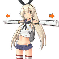 Rule 34 | 10s, 1girl, arrow (symbol), bad id, bad pixiv id, black eyes, blonde hair, elbow gloves, exercising, gloves, hairband, holding, holding clothes, holding panties, holding underwear, kantai collection, long hair, miniskirt, outstretched arms, panties, presenting removed panties, shimakaze (kancolle), shuuji (shumi), simple background, skirt, solo, spread arms, striped clothes, striped thighhighs, thighhighs, thong, underwear, unworn panties, white background