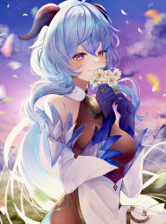 Rule 34 | 1girl, ahoge, bare shoulders, bell, blue gloves, blue hair, blush, breasts, detached sleeves, dusk, flower, ganyu (genshin impact), genshin impact, gloves, holding, holding flower, horns, long hair, looking at viewer, medium breasts, neck bell, petals, purple eyes, qingxin flower, sidelocks, smile, solo, sui (katou sui), upper body, white flower, white sleeves