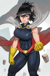 Rule 34 | 1girl, abs, absurdres, bare shoulders, black hair, bodysuit, boku no hero academia, cape, clenched hand, highres, koyap, looking at viewer, muscular, muscular female, open mouth, shimura nana, short hair, simple background, skin tight, solo