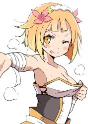 Rule 34 | 1girl, blonde hair, blush, breasts, cleavage, endro!, fai fai, large breasts, looking at viewer, one eye closed, shougakusei, smile, solo, tongue, tongue out, v-shaped eyebrows, white background, yellow eyes