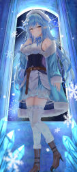 Rule 34 | 1girl, absurdres, ahoge, aki uzuki3, blue bow, blue bowtie, blue hair, blue jacket, blue skirt, boots, bow, bowtie, breasts, brown footwear, closed mouth, corset, elf, flower, frilled skirt, frilled thighhighs, frills, fur-trimmed jacket, fur trim, hair between eyes, hair flower, hair ornament, half updo, hat, heart, heart ahoge, high heel boots, high heels, highres, hololive, indoors, jacket, long hair, medium breasts, multicolored hair, off shoulder, open clothes, open jacket, pointy ears, print skirt, print thighhighs, shirt, skirt, sleeveless, sleeveless shirt, snowflake print, solo, standing, streaked hair, thighhighs, very long hair, virtual youtuber, white flower, white hat, white shirt, white thighhighs, window, yellow eyes, yukihana lamy