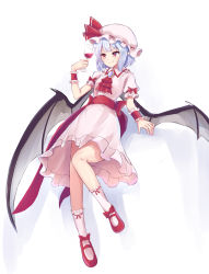 Rule 34 | 1girl, ascot, back bow, bat wings, black wings, blue hair, bow, brooch, center frills, collared dress, commentary request, cup, dress, frilled dress, frills, hat, hat ribbon, highres, holding, holding cup, jewelry, kachuten, mary janes, mob cap, pink dress, pink hat, pointy ears, red ascot, red eyes, red footwear, red ribbon, red sash, remilia scarlet, ribbon, sash, shoes, short hair, simple background, solo, touhou, white background, white legwear, wings, wristband