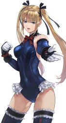 Rule 34 | 1girl, :d, bare shoulders, black ribbon, blonde hair, blue eyes, blue leotard, blue one-piece swimsuit, blue thighhighs, bow, bowtie, breasts, clenched hand, covered navel, cowboy shot, dead or alive, detached sleeves, fighting stance, foreshortening, frilled leotard, frilled thighhighs, frills, gauss &lt;bokashi, gloves, hair ornament, hair ribbon, hairclip, highres, leotard, long hair, long sleeves, looking at viewer, marie rose, medium breasts, one-piece swimsuit, open mouth, outstretched arm, red bow, red bowtie, ribbon, sidelocks, simple background, smile, solo, swimsuit, thighhighs, thighs, twintails, very long hair, white background, white gloves