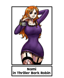 Rule 34 | 1girl, breasts, brown eyes, cosplay, dress, fishnets, iury padilha, large breasts, long hair, nami (one piece), nico robin, nico robin (cosplay), one piece, orange hair, thigh strap, thighhighs, thighs, wide hips