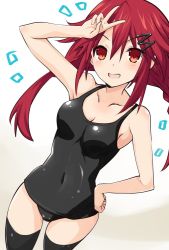 Rule 34 | 1girl, bare shoulders, black one-piece swimsuit, black thighhighs, braid, breasts, cleavage, covered navel, hair ornament, hairclip, hand on own hip, iwashi dorobou -r-, long hair, looking at viewer, medium breasts, neptune (series), one-piece swimsuit, open mouth, red eyes, red hair, shin jigen game neptune vii, smile, solo, swimsuit, tennouboshi uzume, thighhighs, twin braids, twintails, v