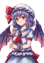 Rule 34 | 1girl, absurdres, ascot, bat wings, bow, brooch, ascot, dress, eyes visible through hair, frilled shirt, frilled shirt collar, frilled sleeves, frills, hand up, hat, hat ribbon, highres, jewelry, light purple hair, mob cap, puffy short sleeves, puffy sleeves, purple hair, red bow, red eyes, red ribbon, remilia scarlet, ribbon, ribbon trim, sash, shirt, short hair, short sleeves, simple background, suzushina, touhou, white background, white dress, wings, wrist cuffs