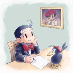 Rule 34 | ahoge, bird, black hair, blue eyes, bow, bowtie, brown eyes, chair, collared shirt, donguri (kenichi tantei chou), hat, highres, holding, holding pen, kenichi (tezuka osamu), kenichi tantei chou, n0kkuout, necktie, one eye closed, pen, picture frame, red bow, red bowtie, rock (tezuka osamu), shirt, striped necktie