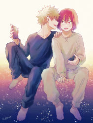 Rule 34 | 2boys, adcalcium, bakugou katsuki, barefoot, black pants, black shirt, blonde hair, boku no hero academia, cellphone, collarbone, commentary request, full body, gradient background, grey pants, grey shirt, hand on another&#039;s shoulder, highres, holding, holding phone, kirishima eijirou, long sleeves, looking at another, male focus, multiple boys, open mouth, pants, phone, red eyes, red hair, shirt, short hair, signature, sitting, spiked hair