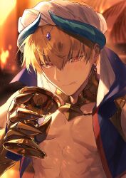 Rule 34 | 1boy, 1girl, abs, arabian clothes, armor, bikkusama, blonde hair, blurry, blurry background, cup, earrings, fate/grand order, fate (series), gilgamesh, gilgamesh (caster) (fate), gilgamesh (fate), gloves, gold armor, hair between eyes, hat, high collar, highres, holding, holding cup, holy grail (fate), jewelry, mouth veil, neck, red eyes, reflection, siduri (fate), single glove, sleeveless, tongue, tongue out, turban, veil