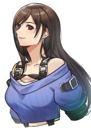 Rule 34 | 1girl, bare shoulders, black hair, blue sweater, breasts, brown hair, chest harness, closed mouth, collarbone, commentary, cropped sweater, cropped torso, earrings, final fantasy, final fantasy vii, final fantasy vii ever crisis, glint, hair behind ear, harness, highres, jewelry, light blush, long hair, looking at viewer, lukrevadraws, medium breasts, midriff, official alternate costume, red eyes, ribbed sweater, short sleeves, single earring, single sidelock, smile, solo, suspenders, sweater, swept bangs, tifa lockhart, tifa lockhart (metalfoot), upper body, white background