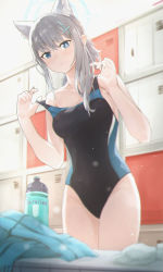 Rule 34 | 1girl, absurdres, animal ear fluff, animal ears, black one-piece swimsuit, blue archive, blue eyes, bottle, breasts, clothes pull, competition swimsuit, courangejar, covered navel, cowboy shot, cross hair ornament, extra ears, grey hair, hair ornament, halo, highres, leaning to the side, locker, low ponytail, medium breasts, medium hair, mismatched pupils, multicolored clothes, multicolored swimsuit, one-piece swimsuit, one-piece swimsuit pull, shiroko (blue archive), shiroko (swimsuit) (blue archive), solo, standing, swimsuit, towel
