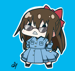 Rule 34 | 1girl, absurdres, armband, blue background, blue dress, bow, breast pocket, brown hair, chibi, chibi only, clenched teeth, coat dress, commentary, dress, hair between eyes, hair bow, half updo, hands on own hips, highres, long dress, long hair, long sleeves, love live!, love live! nijigasaki high school idol club, nijiyon, oofushi ao, osaka shizuku, outline, pocket, ponytail, puff of air, red bow, ryouran! victory road (love live!), sidelocks, signature, simple background, solid oval eyes, solo, sunglasses, teeth, v-shaped eyebrows, white armband, white outline