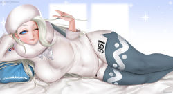 Rule 34 | 1girl, bed, bed sheet, blue eyes, blue nails, blue pantyhose, breasts, commentary request, creatures (company), earrings, easonx, fur hat, game freak, gym leader, hat, jewelry, large breasts, looking at viewer, lying, mature female, melony (pokemon), nail polish, nintendo, on side, one eye closed, pantyhose, pantyhose under shorts, pillow, pokemon, pokemon swsh, ring, shorts, silver hair, smile, snowflakes, solo, sweater, ushanka, white shorts, white sweater, window