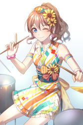 Rule 34 | 1girl, ;), armlet, back bow, bang dream!, blue eyes, bow, bracelet, brown hair, commentary, corset, drum, drum set, drumsticks, earrings, flower, frilled skirt, frills, hair bow, hair flower, hair ornament, highres, holding, holding drumsticks, index finger raised, instrument, japanese clothes, jewelry, kkopoli, looking at viewer, making-of available, one eye closed, ponytail, shirt, sidelocks, sitting, skirt, sleeveless, smile, solo, striped clothes, striped shirt, striped skirt, sunflower, white background, yamabuki saya, yellow flower