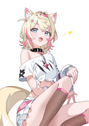 Rule 34 | 1girl, :3, :d, absurdres, animal collar, animal ear fluff, animal ears, arm warmers, bandaid, bandaid hair ornament, belt, black collar, blonde hair, blue eyes, brown socks, collar, commentary request, cropped shirt, crossed bangs, dog ears, dog girl, dog tail, double-parted bangs, fake horns, fang, feet out of frame, fishnet socks, fishnets, frilled shorts, frills, hair between eyes, hair intakes, hair ornament, hairband, hairclip, highres, hololive, hololive english, horns, hutaba haru, knee up, kneehighs, looking at viewer, mococo abyssgard, mococo abyssgard (1st costume), multicolored hair, open mouth, pink belt, pink hair, pink hairband, pink nails, shirt, short hair, short shorts, shorts, simple background, single off shoulder, sitting, smile, socks, solo, spiked collar, spikes, star (symbol), streaked hair, t-shirt, tail, tied shirt, two side up, virtual youtuber, white arm warmers, white background, white shirt, white shorts, x hair ornament