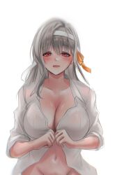 Rule 34 | 1girl, bandaged head, bandages, blush, breasts, cleavage, goddess of victory: nikke, grey hair, hair ribbon, highres, large breasts, long hair, looking at viewer, modernia (first affection) (nikke), modernia (nikke), n1n1, navel, off-shoulder shirt, off shoulder, official alternate costume, red eyes, ribbon, shirt, sidelocks, solo, white shirt, yellow ribbon