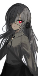 Rule 34 | 1girl, absurdres, black bow, black skirt, bow, breasts, chihuri, closed mouth, collared shirt, commentary request, dress shirt, eve (chihuri), eyepatch, grey hair, grey shirt, hair between eyes, hair bow, highres, long hair, looking at viewer, medical eyepatch, original, red eyes, shirt, simple background, skirt, small breasts, solo, very long hair, white background