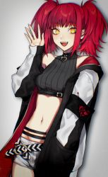 Rule 34 | 1girl, belt, black choker, choker, fangs, jacket, looking at viewer, midriff, navel, original, red hair, short twintails, shorts, simple background, solo, twintails, utsu, waving, white shorts, yellow eyes