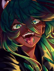 Rule 34 | 1girl, absurdres, bright pupils, dark-skinned female, dark skin, eyebrows hidden by hair, fukua (skullgirls), green eyes, green hair, green lips, highres, open mouth, piercing, portrait, skullgirls, smile, solo, supacreams, tongue, tongue out, tongue piercing, white pupils