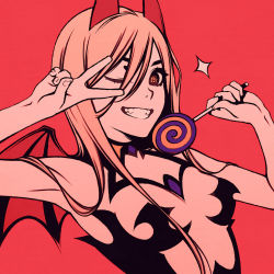 Rule 34 | 1girl, bat wings, breasts, candy, chainsaw man, cross-shaped pupils, crosshair pupils, demon girl, demon horns, food, hair between eyes, horns, lollipop, moshimoshibe, one eye closed, orange eyes, pink hair, power (chainsaw man), red background, revealing clothes, simple background, smile, solo, symbol-shaped pupils, v, v over eye, wings