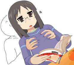 Rule 34 | 1girl, 2channel, :o, a (phrase), black eyes, black hair, book, breasts, clueless, collarbone, daioh, dutch angle, expressionless, flat chest, flat chest grab, food, fruit, glasses, grabbing, grabbing another&#039;s breast, grabbing from behind, long hair, long sleeves, minakami mai, nichijou, orange (fruit), shirt, simple background, table, white background