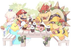 Rule 34 | 1girl, 3boys, aqua dress, armlet, bandana, bare shoulders, bench, blonde hair, blue eyes, blue gemstone, blue hair, blush, bowser, bowser jr., bracelet, bright pupils, brooch, brown eyes, brown hair, bush, claws, closed mouth, coffee, collar, collarbone, commentary request, crown, cup, disposable coffee cup, disposable cup, doughnut, dress, drinking straw, earrings, eating, eyelashes, facial hair, fang, father and son, food, frilled sleeves, frills, full body, gem, gloves, hair over one eye, hand up, hat, holding, holding cup, holding food, horns, hoshikuzu pan, jewelry, lips, long hair, long sleeves, looking at another, looking down, luma (mario), mario, mario (series), multiple boys, mustache, nintendo, off-shoulder dress, off shoulder, on bench, one eye covered, open mouth, overalls, parted bangs, pink gemstone, plate, red eyes, red hair, red headwear, red shirt, rosalina, shell, shirt, short hair, sidelocks, simple background, sitting, smile, sparkle, spiked armlet, spiked bracelet, spiked shell, spiked tail, spikes, star (symbol), star earrings, swept bangs, table, tail, teeth, turtle shell, upper teeth only, v-shaped eyebrows, white background, white bandana, white gloves, white pupils, wide sleeves