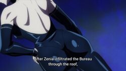 Rule 34 | 1girl, animated, anime screenshot, ass, back, black bodysuit, blue hair, bodysuit, demon girl, detached sleeves, fred (lv1 maou to one room yuusha), from behind, glasses, hand on own hip, highres, huge ass, latex, long sleeves, lv1 maou to one room yuusha, pointy ears, screencap, short hair, shoulder blades, sidelocks, thighs, third-party edit, video, zenia (lv1 maou to one room yuusha)