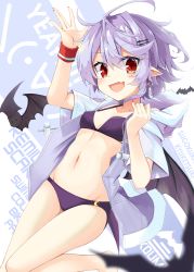 Rule 34 | 1girl, akisome hatsuka, bat (animal), bat wings, bikini, black wings, breasts, drawstring, fang, hood, hoodie, light purple hair, looking at viewer, navel, open clothes, open hoodie, open mouth, pointy ears, purple bikini, red eyes, remilia scarlet, skin fang, slit pupils, small breasts, smile, solo, stomach, swimsuit, touhou, wings, wristband