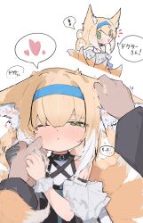 1girl absurdres animal_ear_fluff animal_ears arknights black_gloves blonde_hair blue_hairband blush cheek_pinching commentary_request doctor_(arknights) fox_ears fox_girl fox_tail gloves green_eyes hairband half-closed_eye headpat heart highres holding_hands long_sleeves looking_at_viewer looking_back multiple_tails nyashiro_(sgylk) one_eye_closed pinching pov pov_hands simple_background single_glove solo_focus spoken_heart suzuran_(arknights) tail translation_request upper_body white_background