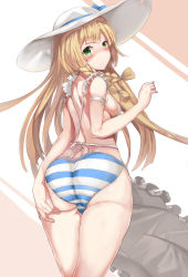 Rule 34 | 1girl, apron, ass, blonde hair, blue panties, blush, bow, braid, breasts, closed mouth, creatures (company), female focus, from behind, game freak, green eyes, hat, hat bow, japanese text, kuriyama, lillie (pokemon), long hair, looking at viewer, looking back, nintendo, panties, pokemon, pokemon (anime), pokemon sm (anime), small breasts, solo, striped clothes, striped panties, sun hat, underwear, white hair, white hat, white panties