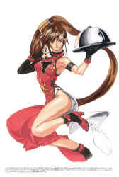 Rule 34 | 1girl, absurdres, arc system works, armlet, artbook, asymmetrical gloves, bare shoulders, beer can, breasts, brown eyes, brown hair, can, china dress, chinese clothes, dress, drink can, fingerless gloves, gloves, guilty gear, hair ornament, high heels, highres, ishiwatari daisuke, kuradoberi jam, long hair, looking at viewer, marker (medium), mismatched gloves, official art, scan, shoes, side slit, socks, solo, traditional media, tray, very long hair, waitress
