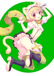 Rule 34 | 1girl, animal ears, ass, boots, breasts, candy, cat ears, food, green thighhighs, highres, jumping, looking at viewer, maid headdress, nishimura eri, open mouth, original, panties, pantyshot, revision, scarf, scrunchie, short hair, skirt, small breasts, smile, solo, thighhighs, underwear, wrist cuffs