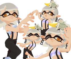 baggy_pants blunt_bangs closed_eyes dancing domino_mask earrings food fruit grey_hair inkling jewelry lemon lemon_slice long_hair marie_(splatoon) mask midriff mole mole_under_mouth multiple_views navel nintendo official_alternate_costume one_eye_closed open_mouth oyster pants pointy_ears smile splatoon_(series) splatoon_3 strapless suspenders tentacle_hair tube_top vincenciel white_background yellow_eyes