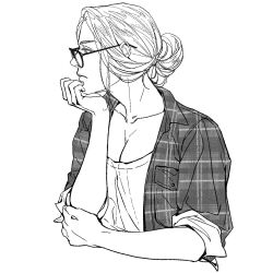 Rule 34 | 1girl, bespectacled, breasts, casual, cleavage, closed mouth, cropped torso, dd00 02, dungeon meshi, frown, genderswap, genderswap (mtf), glasses, greyscale, hair bun, head rest, jacket, korean commentary, laios touden, looking to the side, medium breasts, monochrome, parted bangs, plaid, plaid jacket, profile, simple background, single hair bun, sleeves rolled up, solo, unmoving pattern, updo