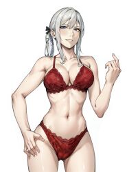 Rule 34 | 1girl, aranea highwind, blue eyes, bra, breasts, commentary, commission, cowboy shot, english commentary, final fantasy, final fantasy xv, grey hair, hand up, jamjamstyle, large breasts, looking at viewer, medium hair, navel, panties, red bra, red panties, revision, solo, standing, underwear, underwear only, white background