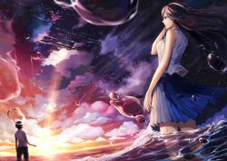 Rule 34 | 1boy, 1girl, arm at side, bad id, bad pixiv id, black pants, blue skirt, brown eyes, brown hair, bubble, cloud, looking at another, ocean, original, outdoors, pants, para sitism, shirt, skirt, standing, sunset, wading, white shirt