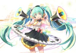 Rule 34 | 1girl, armpits, bad id, bad pixiv id, black skirt, cowboy shot, dampi, floating hair, green hair, hands on headphones, hatsune miku, headphones, highres, long hair, looking at viewer, megaphone, necktie, open mouth, piano keys, skirt, solo, twintails, twitter username, very long hair, vocaloid, wrist cuffs