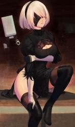 Rule 34 | 1girl, absurdres, black blindfold, black dress, black hairband, black thighhighs, blindfold, boots, breasts, cleavage, cleavage cutout, clothing cutout, commentary, dress, feather-trimmed sleeves, gloves, hairband, high heel boots, high heels, highres, huge filesize, juliet sleeves, large breasts, long sleeves, mole, mole under mouth, nier (series), nier:automata, puffy sleeves, short hair, silver hair, solo, thigh boots, thighhighs, thighhighs under boots, xingchee, 2b (nier:automata)